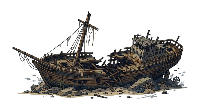 Sunken Wooden Shipwreck Vector Illustration on Ocean Floor