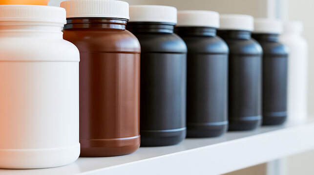 Row of colorful plastic supplement bottles with white lids lined up neatly on a white shelf in a bright modern wellness store setting