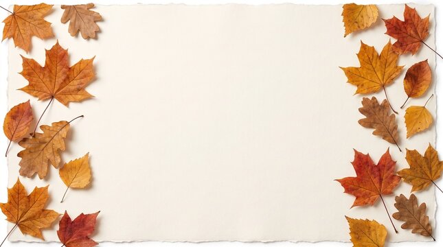 Autumn leaves side border background with golden maple, oak, and birch foliage framing blank textured paper copy space, Thanksgiving and fall season flat lay top view.