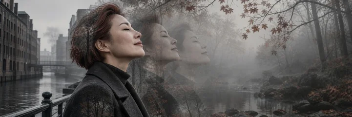 Asian woman with closed eyes breathing deeply in foggy autumn city. Double exposure portrait blending trees and mist over urban canal scene. © W.O.W