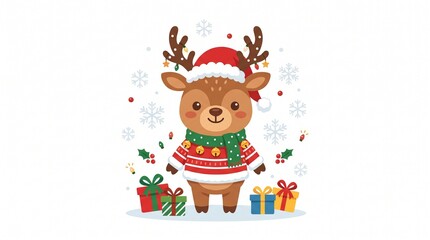 Fototapeta premium Adorable cartoon reindeer in festive holiday sweater with presents and snowflakes.