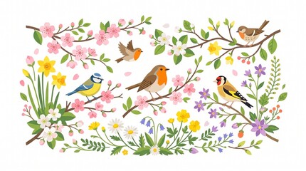 Fototapeta premium Whimsical watercolor birds perched among blooming flowers in vibrant garden border art.