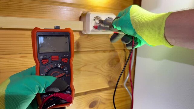 Electrician checking voltage with digital multimeter tester during electrical socket installation on wooden wall.