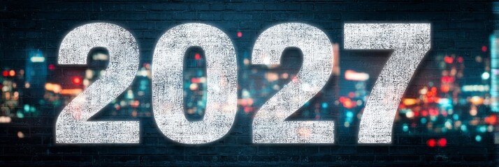 Naklejka premium A Large Font Number 2027 Centered on a Blue Decorative Urban Dark Industrial Brick Wall Background