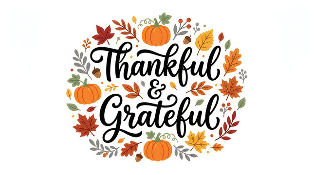Thankful and grateful hand lettered typography design surrounded by colorful autumn leaves and orange pumpkins
