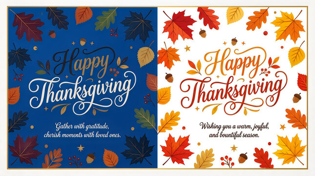 Happy thanksgiving greeting cards with colorful autumn leaves on blue and white background design elements