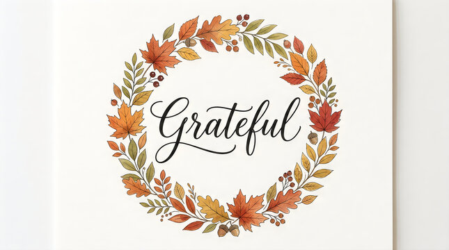 Watercolor autumn wreath with the word grateful written in elegant black calligraphy script for holidays