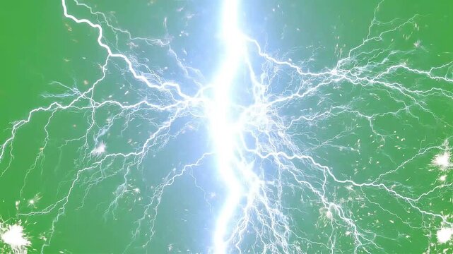 Electric lightning strikes across a green screen background with dramatic illumination for visual effects