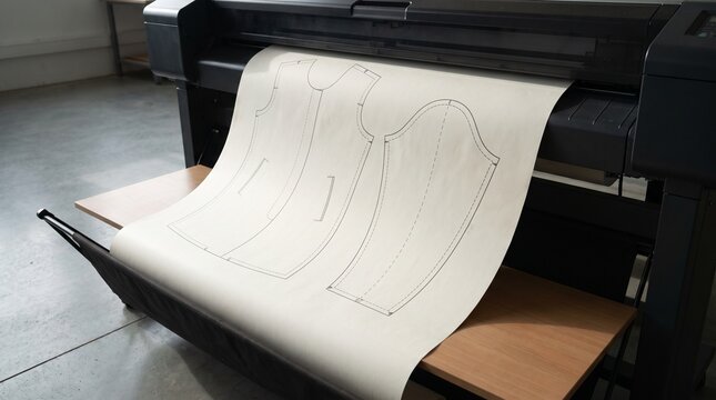 Garment manufacturing: Large format plotter printing paper sewing patterns for garment cutting and assembly