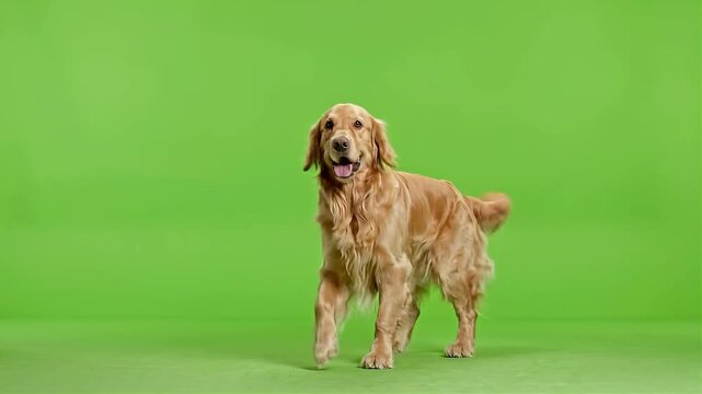 Golden Retriever dog posing and dancing on a green screen background with cinematic motion