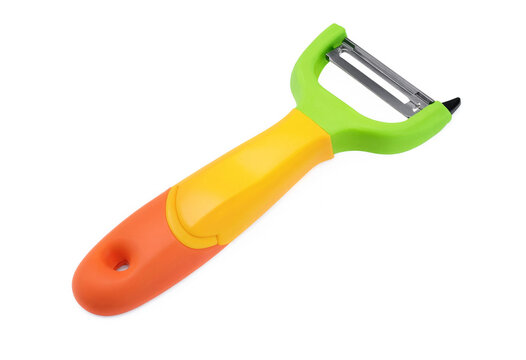 Brightly colored kitchen vegetable peeler with green and orange handle