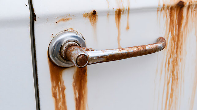 Close up view of a rusted and corroded white car door handle with brown oxidation stains dripping down the panel in an abandoned vehicle