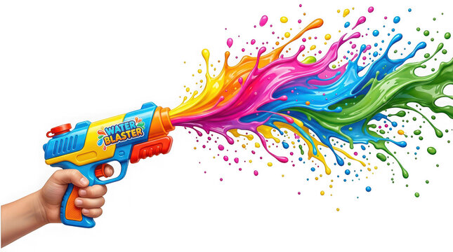 Water blaster toy shooting colorful paint splashes isolated on transparent background
