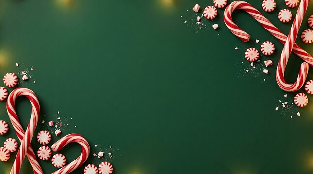 Festive merry christmas background featuring candy canes and decorative ornaments arranged on a dark green surface