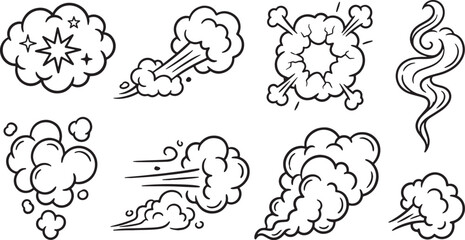 Doodle set of smoke and cloud explosions, hand drawn vector icons, black outline illustration for comic and action concept. © Hanzala's vectors 