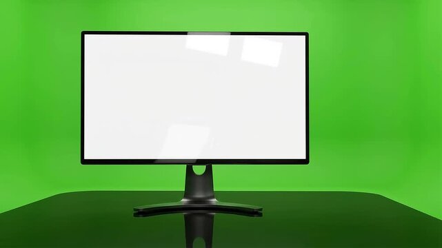 Modern computer monitor with blank screen in studio lighting against a green screen backdrop
