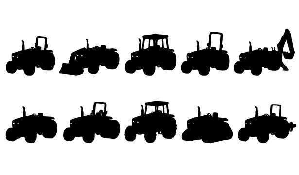 Farm tractor variations vector set featuring utility agricultural vehicles with interchangeable equipment configurations