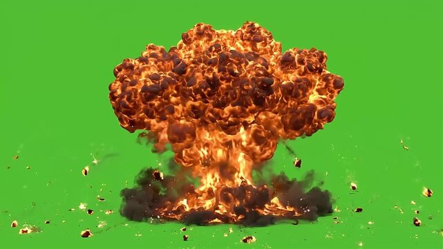 Nuclear explosion expanding with debris against green screen for visual effects
