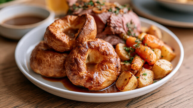 Close-up of a platter of perfectly risen golden Yorkshire puddings filled with gravy and served beside a classic Sunday roast with autumn herbs, october yorkshire pudding