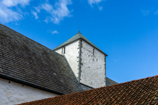 Utstein Abbey medieval monastery tower and roof structure in Rogaland, Norway