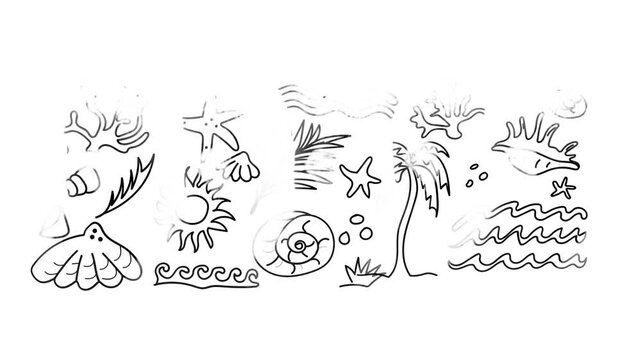 Tropical summer beach icons doodle set animated video footage for creative holiday themed digital design projects