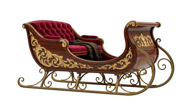 Elegant vintage christmas sleigh with red velvet upholstery and gold ornate carvings, isolated on transparent background