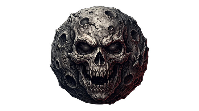 Gothic skull asteroid with cratered surface, dark fantasy moon rock with demonic face, celestial horror stone sphere isolated PNG with Transparent Background