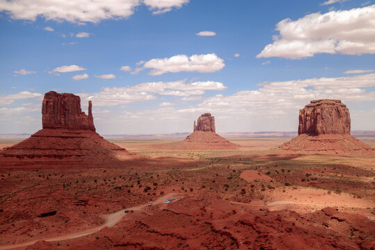 View of the spectacular red sandstone butte rock formations at Arizona's Monument Valley.