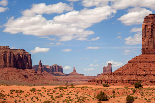 View of the spectacular red sandstone butte rock formations at Arizona's Monument Valley.