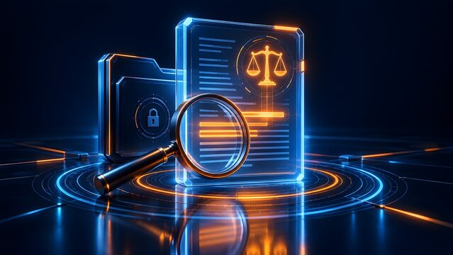Magnifying glass scanning a digital legal document with a glowing justice scale and locked folder representing secure law data analysis