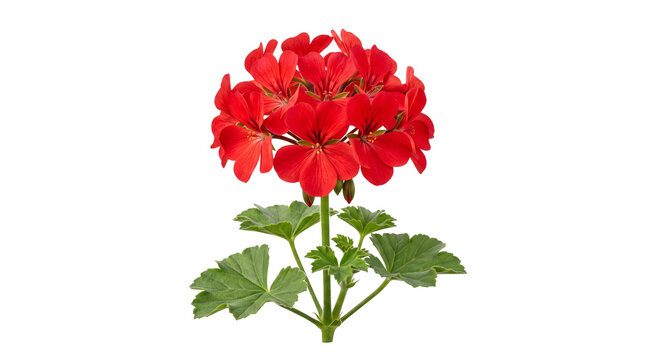 Vibrant red geranium flower with green leaves. Blooming pelargonium plant for garden design. Red floral botanical element. isolated PNG with Transparent Background