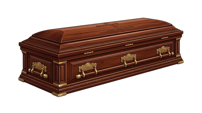 Polished mahogany wood coffin with ornate gold handles, traditional burial casket for funeral services, elegant dark timber mortuary box isolated PNG with Transparent Background