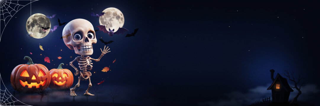 Spooky Halloween Night Background Featuring Cute Waving Cartoon Skeleton, Glowing Jack O Lantern Pumpkins, Spooky Haunted House, Full Moon, Flying Bats, and Spider Web for Panoramic Web Banners
