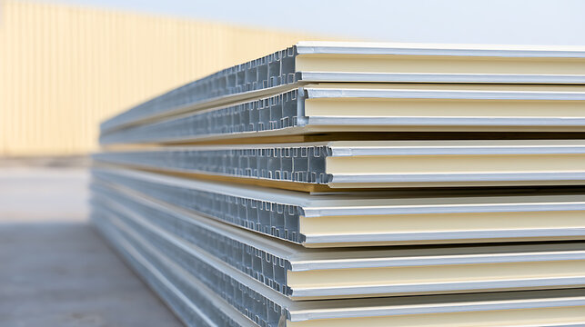 Stack of insulated metal sandwich panels for modern construction and building exterior cladding, stored neatly in an outdoor yard