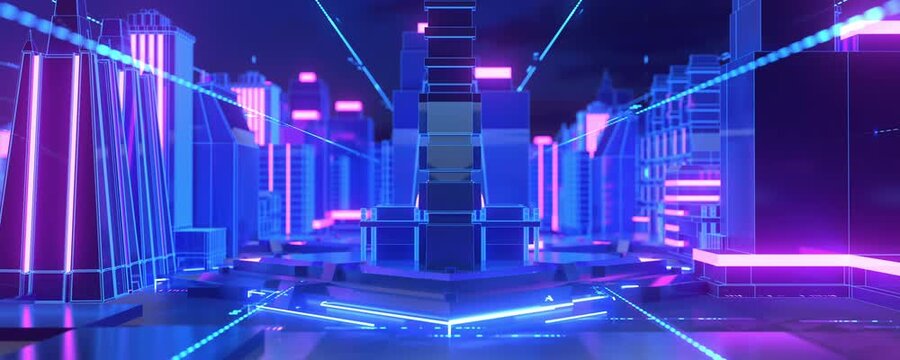 Futuristic Neon Technology City with Glowing Digital Platform