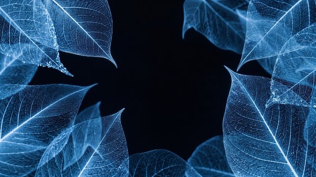 Blue skeleton leaves on dark background