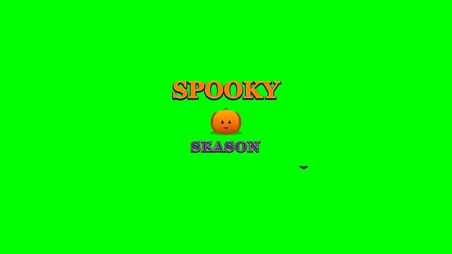 Cute spooky season Halloween text banner with cartoon pumpkin on green screen background