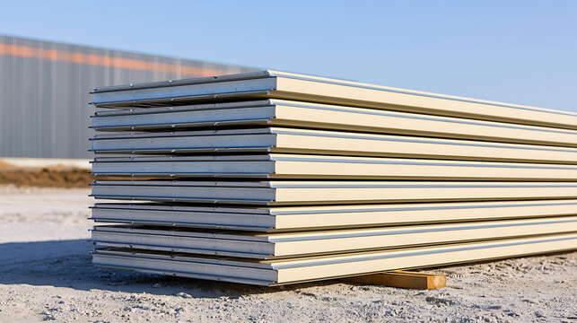 Stack of insulated metal sandwich panels for exterior wall and roof construction stored at a commercial building site under clear blue sky
