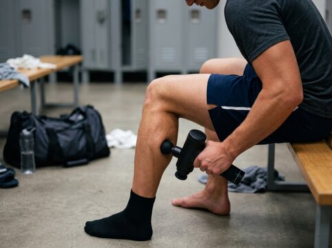 Sportsman utilizing a massage device for muscle recovery in the locker room following a rigorous training session