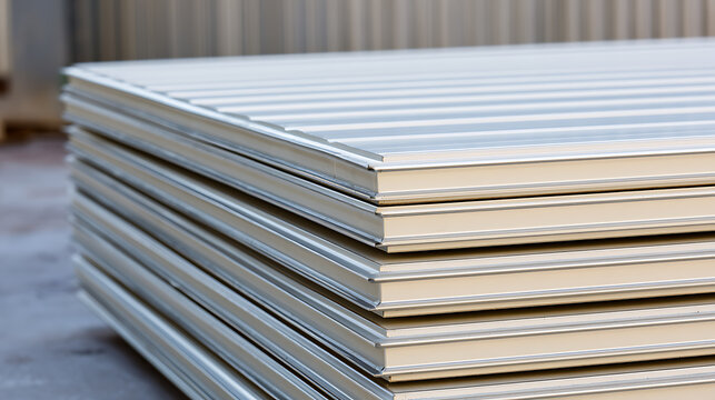 Stack of new metal sandwich panels with insulation layer for industrial construction storage warehouse site project supplier material equipment
