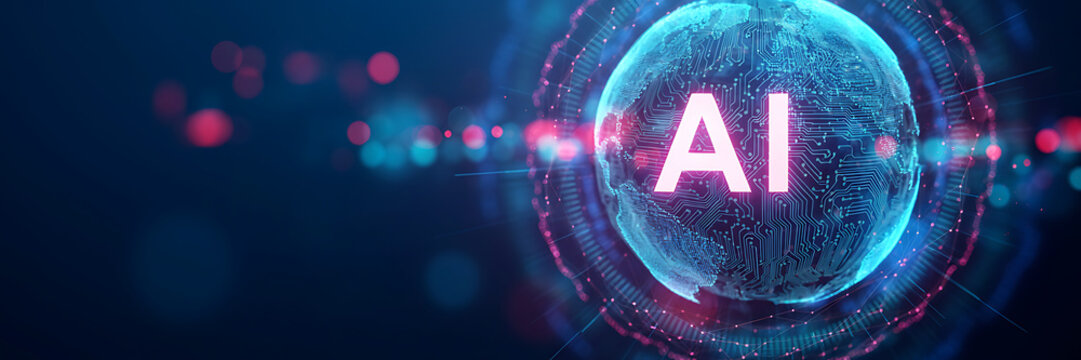 A glowing blue digital globe with circuit board patterns and the letters ai floating in the center surrounded by red and blue bokeh light dots