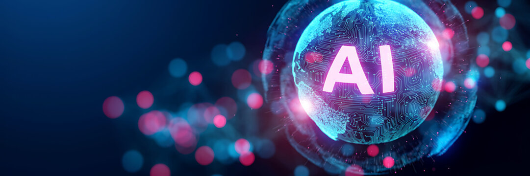 A glowing blue digital globe with circuit board patterns and the letters ai floating in the center surrounded by red and blue bokeh light dots