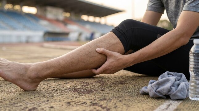 Runner dealing with discomfort in leg while training on the track during an outdoor sports session