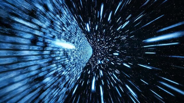 Abstract blue light tunnel accelerating through digital hyperspace with cinematic motion and glowing streaks