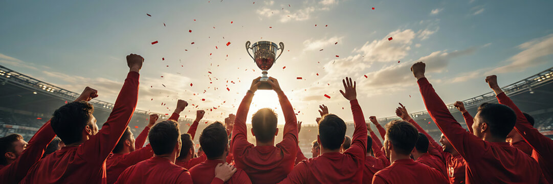 A soccer team in red jerseys celebrating a championship victory by lifting a silver trophy into the air under a sunset sky with confetti