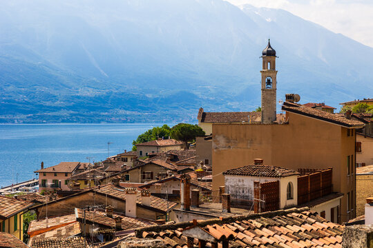 Historic center of Limone sul Garda on the shores of Lake Garda, dominated by the bell tower of the Chiesa di San Benedetto