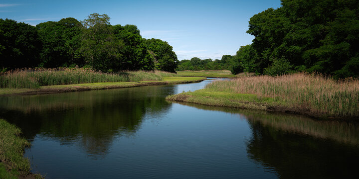Tranquil summer landscape along the Pachogue River in Westbrook, Middlesex County, Connecticut