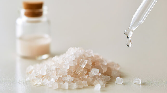 A pipette drop of liquid falls onto pink bath salt crystals beside a small glass cosmetic bottle on a clean surface in a serene spa setting