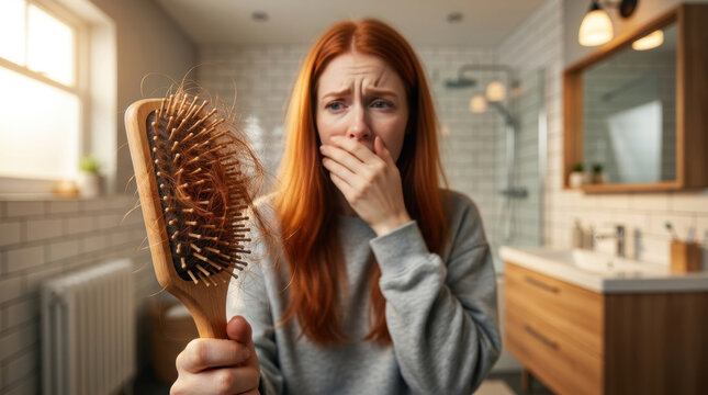Red haired woman in a bathroom holding a wooden hairbrush covered with a large amount of fallen hair, illustrating excessive hair loss and hair shedding.