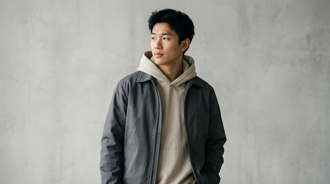 Young Asian man in modern casual attire stands against a minimalist concrete background, looking contemplatively, embodying urban style and a thoughtful presence